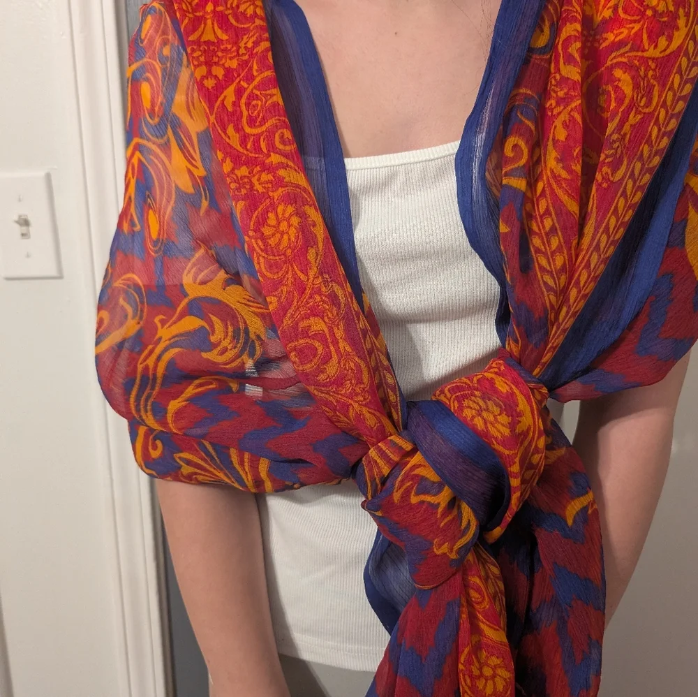 Sheer Large Royal Blue, Red and Orangy Gold Shawl, Scarf or Wrap - Picture 2 of 7